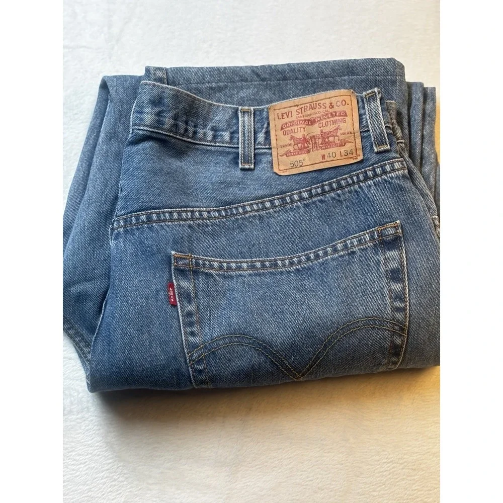 Levi's 505 Regular Fit Jeans Mens 40x32 Blue‎ Flex Denim Workwear Hemmed